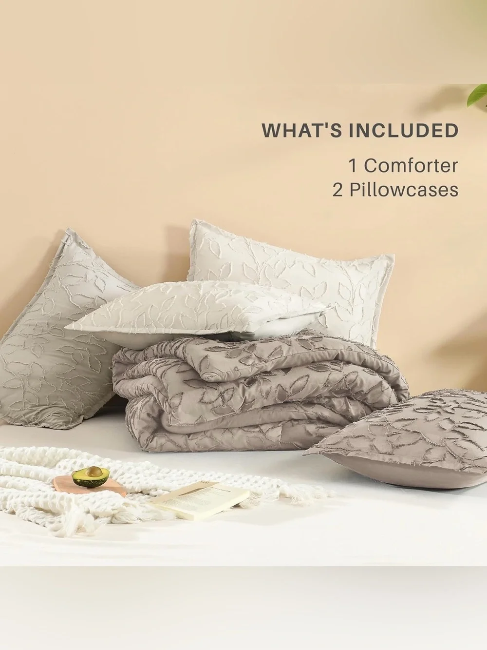 Textured Leaf-Pattern 3 piece king Comforter Set in Taupe